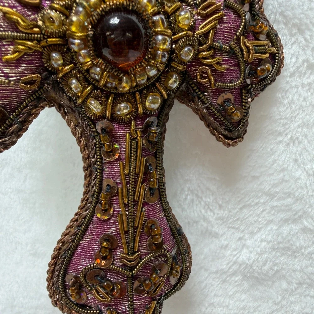 Ornate Hand Beaded Cross Ornament Purple Mauve Gold Metallic Sequin Embroidered